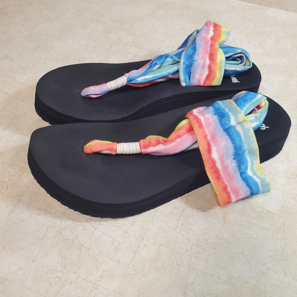 Sanuk Sling Platform Sandal Rainbow Size 9 NEW Tie Dye - Picture 2 of 12